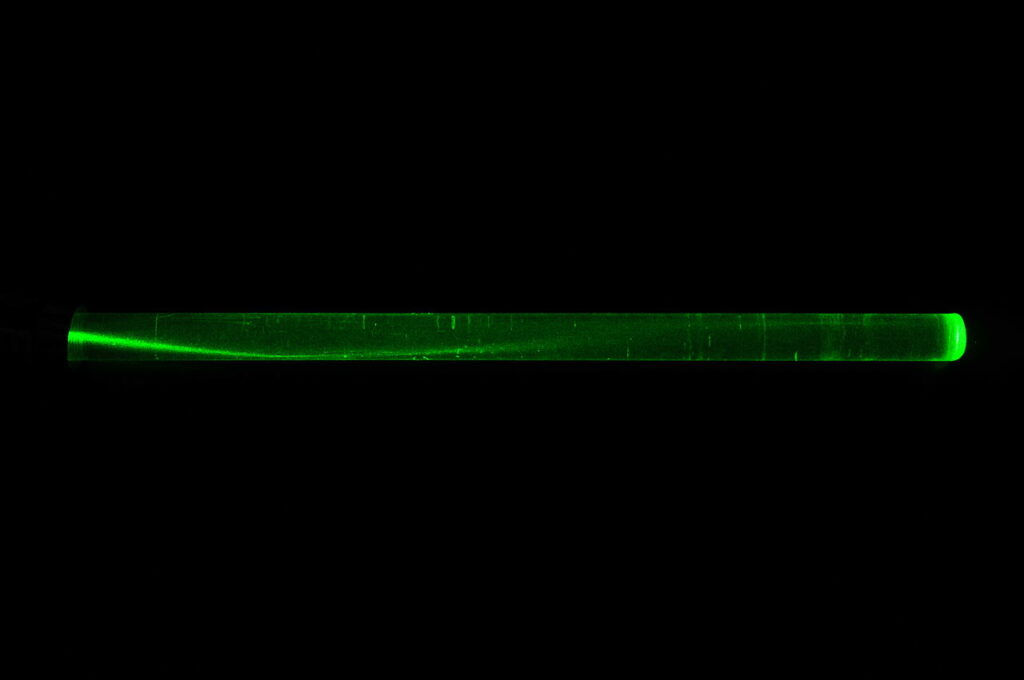 Light propagation through fiber optics.
Credit: AZToshkov
Original: https://commons.wikimedia.org/wiki/File:Propagation_of_light_through_the_core_of_an_optical_fiber,_Macro_visualization,_Demonstration_of_prof_Angel_Toshkov_to_students..JPG